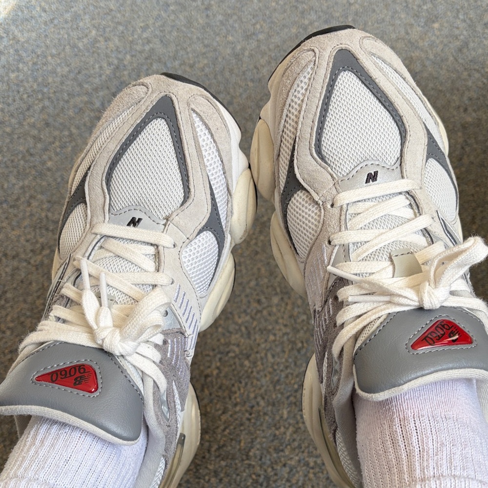 New Balance 9060 White and Gray with Red Accents